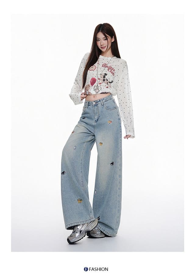 아메리칸 레트로 강아지 자수 넓은 다리 청바지 여성 가을 새로운 2026 로우 웨이스트 루즈핏 슬림해 보이는 스트레이트 바지 상세 이미지 6