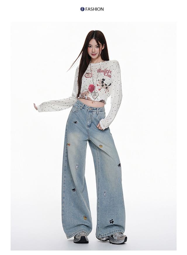 아메리칸 레트로 강아지 자수 넓은 다리 청바지 여성 가을 새로운 2026 로우 웨이스트 루즈핏 슬림해 보이는 스트레이트 바지 상세 이미지 4