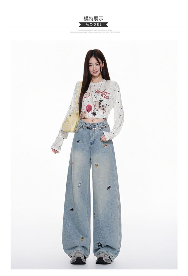 아메리칸 레트로 강아지 자수 넓은 다리 청바지 여성 가을 새로운 2026 로우 웨이스트 루즈핏 슬림해 보이는 스트레이트 바지 상세 이미지 15