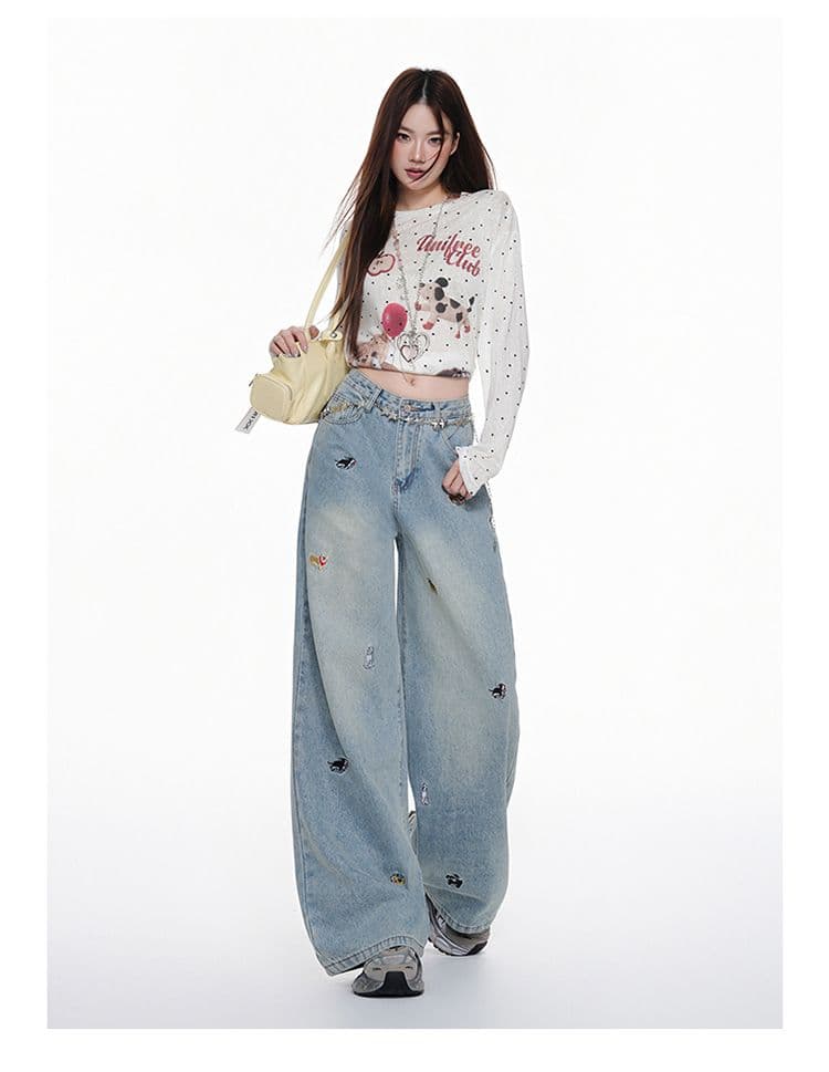아메리칸 레트로 강아지 자수 넓은 다리 청바지 여성 가을 새로운 2026 로우 웨이스트 루즈핏 슬림해 보이는 스트레이트 바지 상세 이미지 20