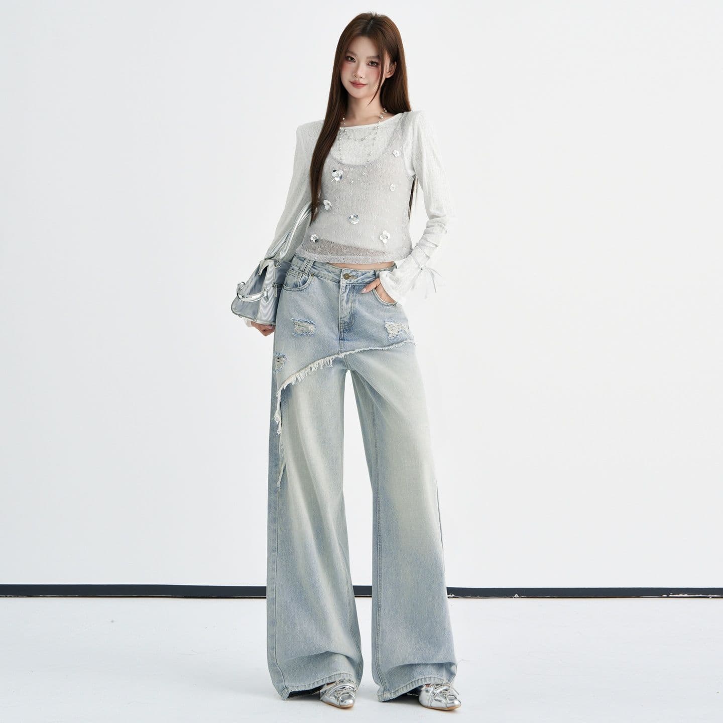 하늘색 한 부서 핫걸 페이크 레이어드 찢어진 부분 거친 가장자리 디자인 센스 청바지 여성 이른 가을 새로운 작은 대중 다용도