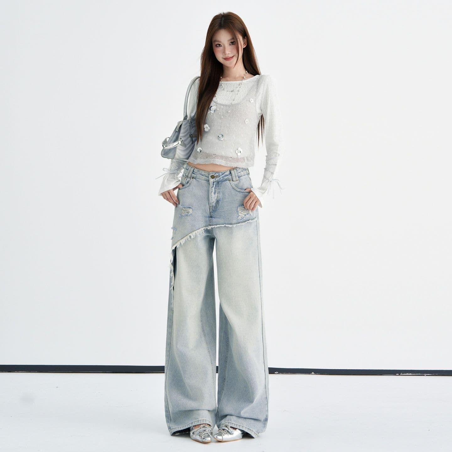 하늘색 한 부서 핫걸 페이크 레이어드 찢어진 부분 거친 가장자리 디자인 센스 청바지 여성 이른 가을 새로운 작은 대중 다용도 이미지 2