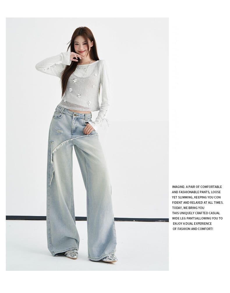 하늘색 한 부서 핫걸 페이크 레이어드 찢어진 부분 거친 가장자리 디자인 센스 청바지 여성 이른 가을 새로운 작은 대중 다용도 상세 이미지 2