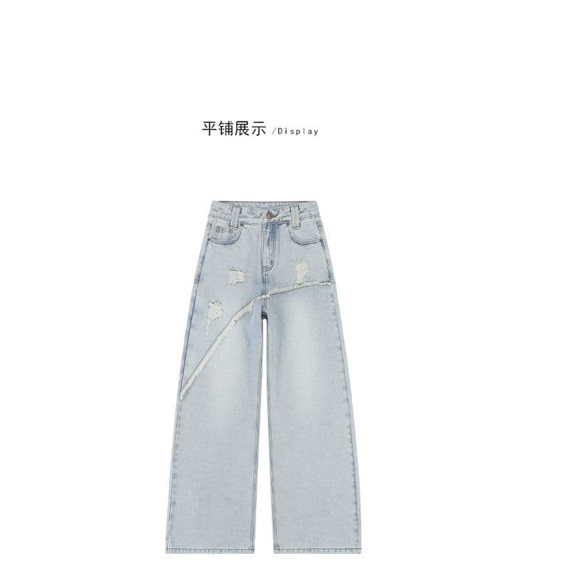 하늘색 한 부서 핫걸 페이크 레이어드 찢어진 부분 거친 가장자리 디자인 센스 청바지 여성 이른 가을 새로운 작은 대중 다용도 상세 이미지 7