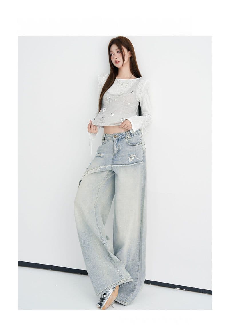 하늘색 한 부서 핫걸 페이크 레이어드 찢어진 부분 거친 가장자리 디자인 센스 청바지 여성 이른 가을 새로운 작은 대중 다용도 상세 이미지 5