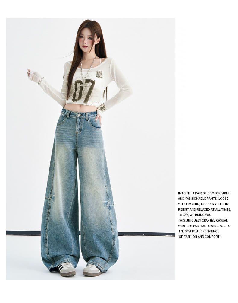 하늘색 아메리칸 워싱 무거운 작업 꽃꽂이 청바지 여성 2026 이른 가을 새로운 루즈핏 슬림해 보이는 느긋한 모통이 칼 바지 상세 이미지 3