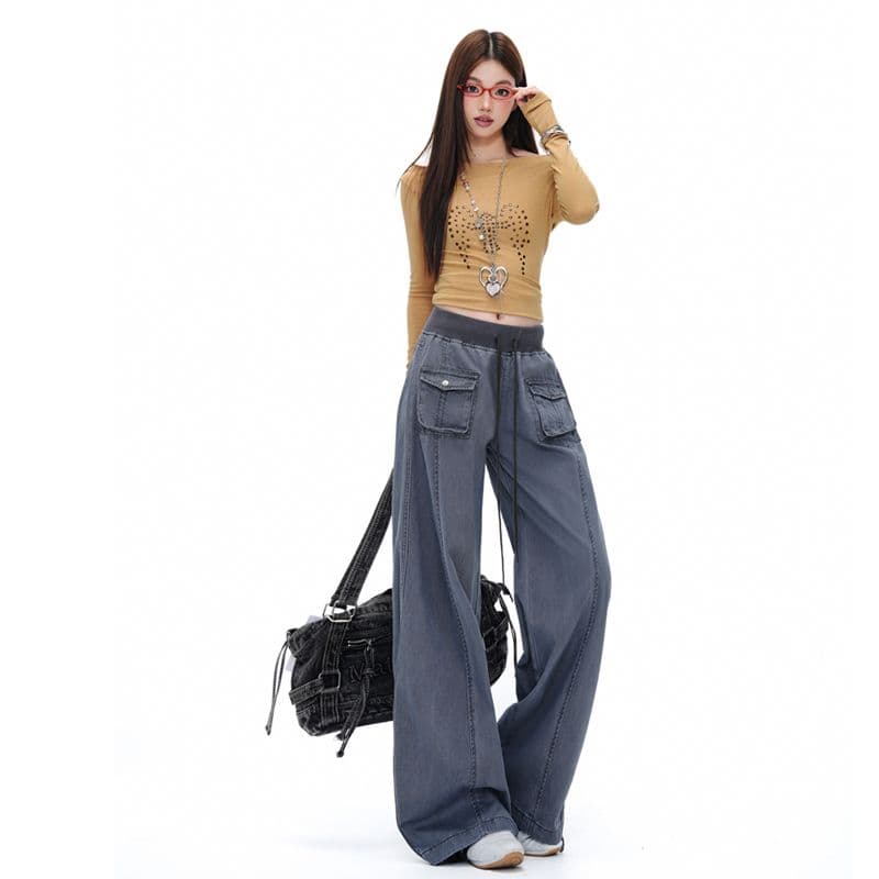 회색 파란색 해체 패치워크 중 로우 웨이스트 워크웨어 팬츠 리브 허리 머리 주머니 루즈핏 캐주얼 바지 여성 이미지 2