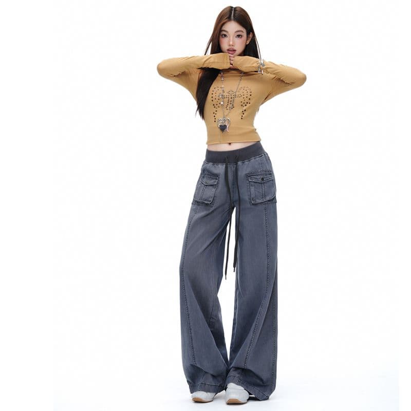 회색 파란색 해체 패치워크 중 로우 웨이스트 워크웨어 팬츠 리브 허리 머리 주머니 루즈핏 캐주얼 바지 여성 이미지 3