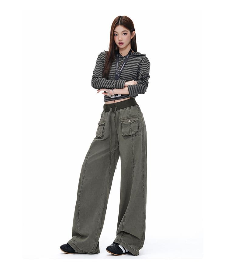 회색 파란색 해체 패치워크 중 로우 웨이스트 워크웨어 팬츠 리브 허리 머리 주머니 루즈핏 캐주얼 바지 여성 상세 이미지 4