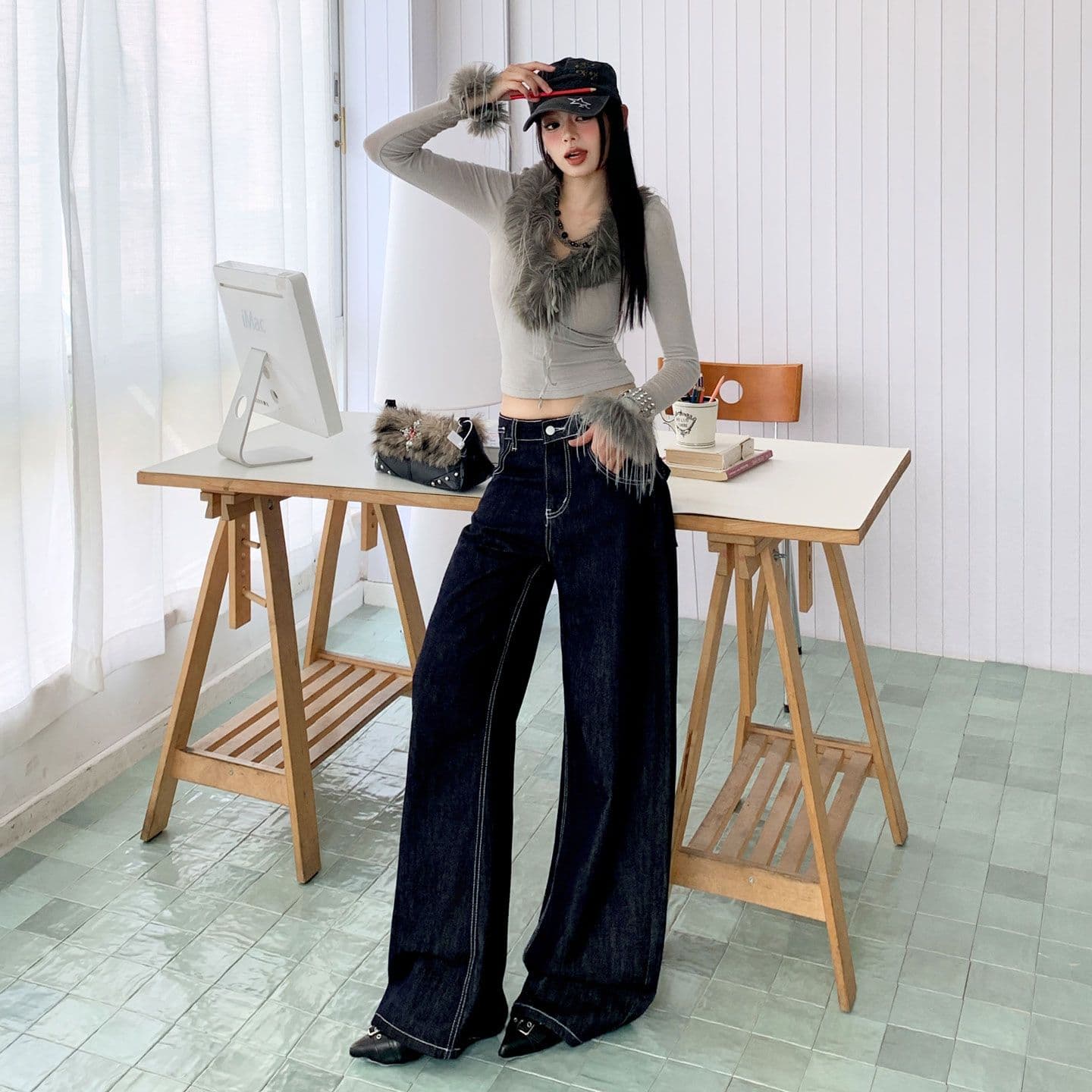 수 있습니다. 조정 버클 디자인 원본 암소 청바지 여성 넓은 다리 모통이 칼 바지 이미지 4
