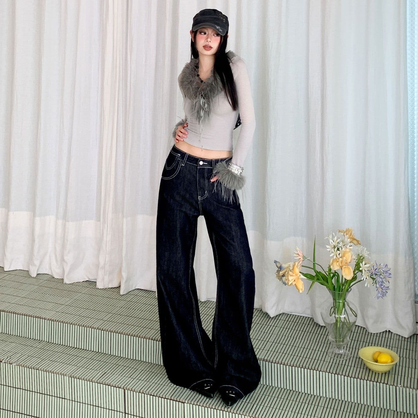 수 있습니다. 조정 버클 디자인 원본 암소 청바지 여성 넓은 다리 모통이 칼 바지 이미지 5