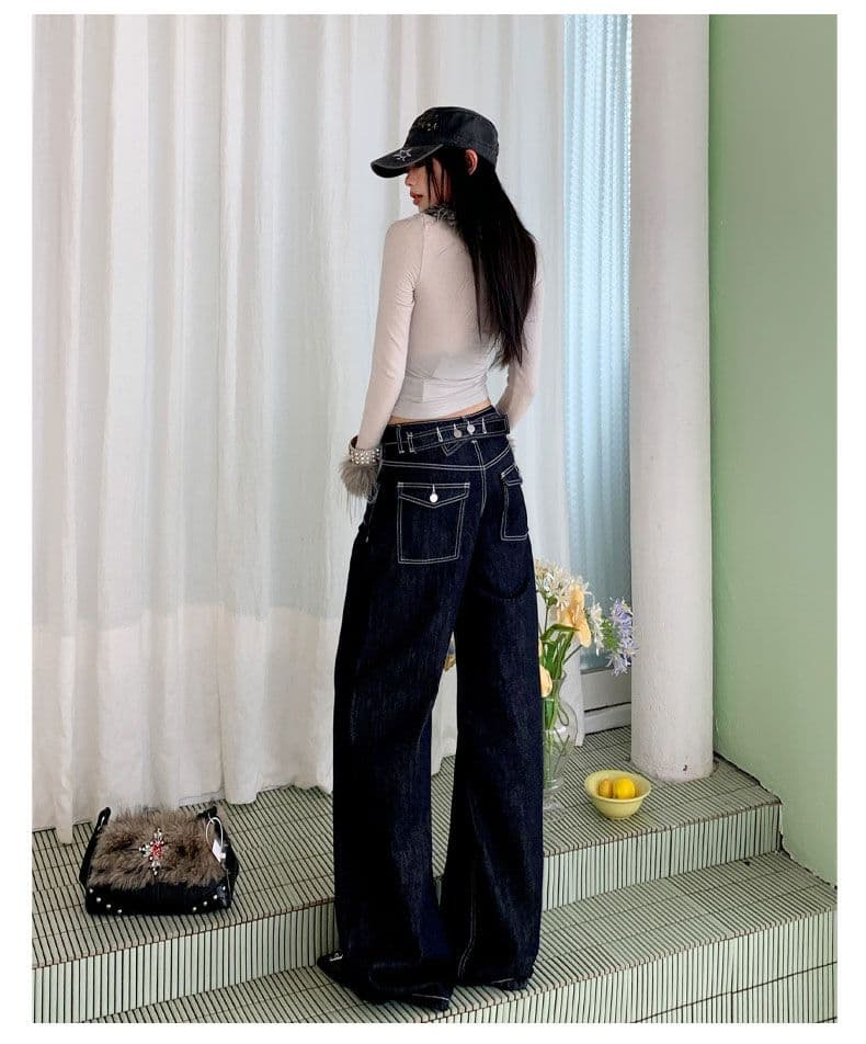 수 있습니다. 조정 버클 디자인 원본 암소 청바지 여성 넓은 다리 모통이 칼 바지 상세 이미지 3