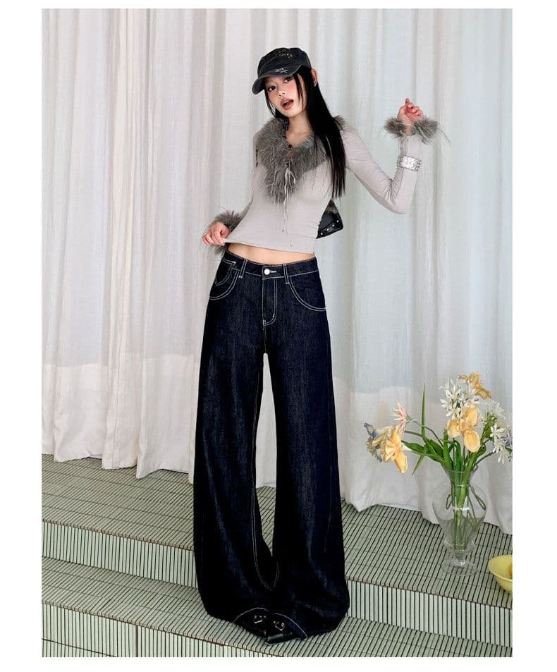 수 있습니다. 조정 버클 디자인 원본 암소 청바지 여성 넓은 다리 모통이 칼 바지 상세 이미지 1