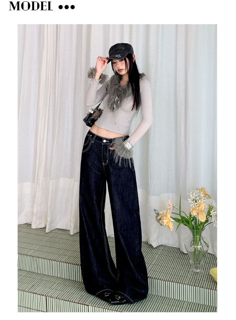 수 있습니다. 조정 버클 디자인 원본 암소 청바지 여성 넓은 다리 모통이 칼 바지 상세 이미지 16