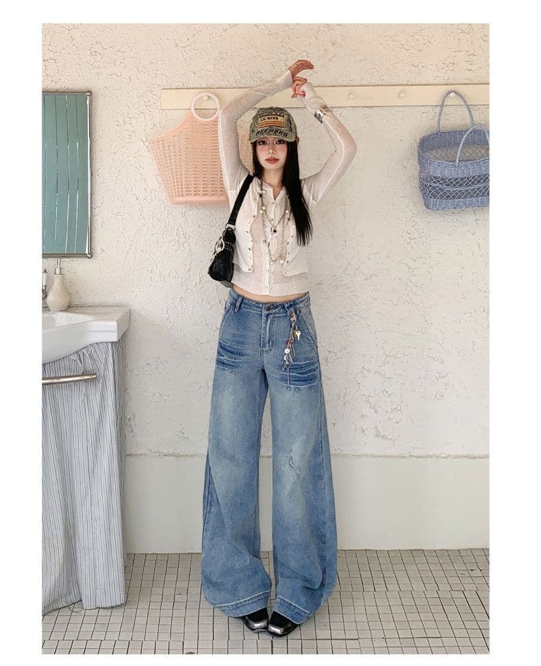 아메리칸 가죽 주머니 레트로 마 오래된 청바지 넓은 다리 스트레이트 모통이 칼 바지 상세 이미지 6
