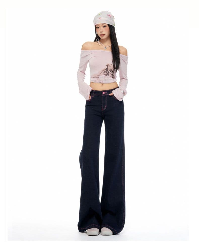 아메리칸 레트로 자수 배색 선 청바지 여성 나팔 넓은 다리 스트레이트 팬츠 상세 이미지 9