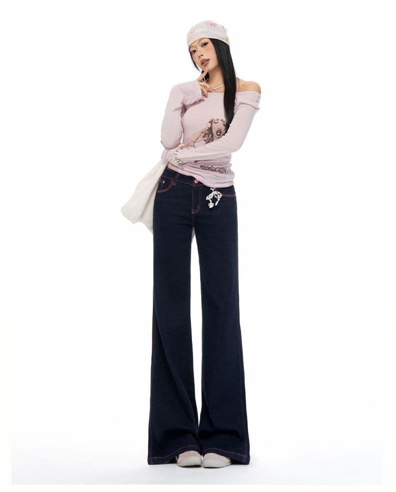 아메리칸 레트로 자수 배색 선 청바지 여성 나팔 넓은 다리 스트레이트 팬츠 상세 이미지 12