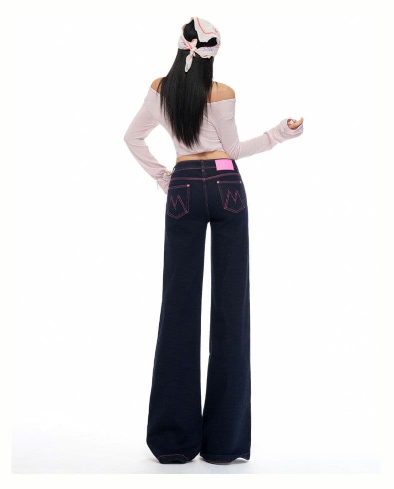 아메리칸 레트로 자수 배색 선 청바지 여성 나팔 넓은 다리 스트레이트 팬츠 상세 이미지 13