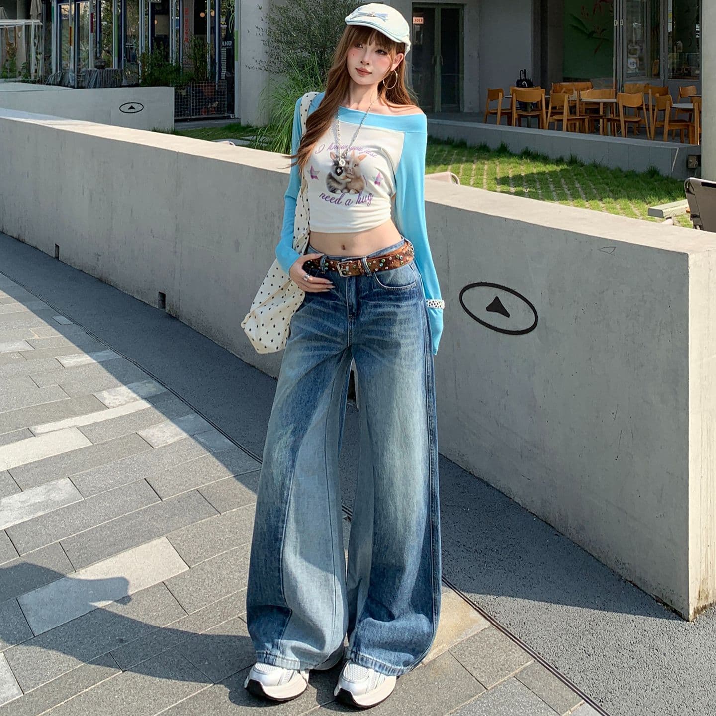아메리칸 레트로 블루 청바지 여성 새로운 패션 와 성별 패치워크 패치워크 색상 디자인 센스 스트레이트 팬츠 이미지 3