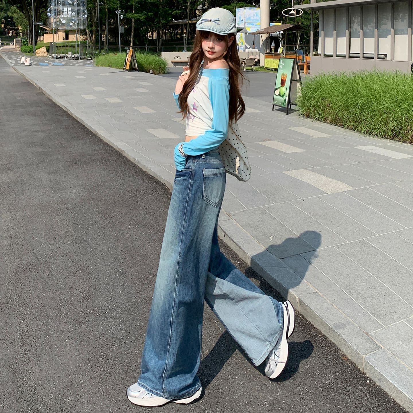 아메리칸 레트로 블루 청바지 여성 새로운 패션 와 성별 패치워크 패치워크 색상 디자인 센스 스트레이트 팬츠 이미지 2