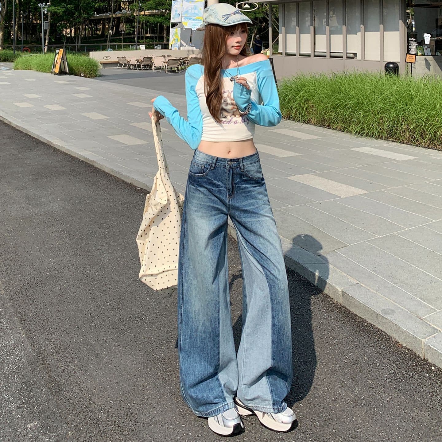 아메리칸 레트로 블루 청바지 여성 새로운 패션 와 성별 패치워크 패치워크 색상 디자인 센스 스트레이트 팬츠