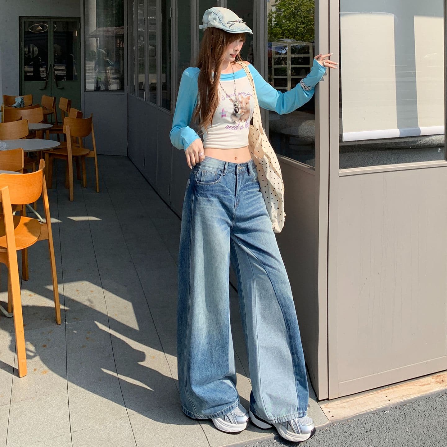 아메리칸 레트로 블루 청바지 여성 새로운 패션 와 성별 패치워크 패치워크 색상 디자인 센스 스트레이트 팬츠 이미지 5
