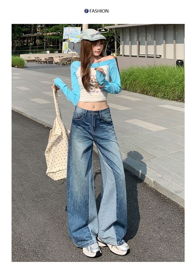 아메리칸 레트로 블루 청바지 여성 새로운 패션 와 성별 패치워크 패치워크 색상 디자인 센스 스트레이트 팬츠 상세 이미지 3