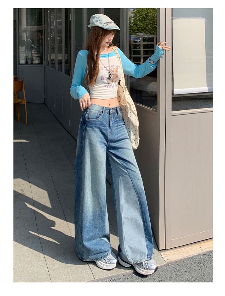 아메리칸 레트로 블루 청바지 여성 새로운 패션 와 성별 패치워크 패치워크 색상 디자인 센스 스트레이트 팬츠 상세 이미지 1