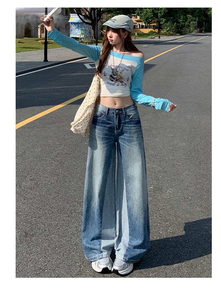 아메리칸 레트로 블루 청바지 여성 새로운 패션 와 성별 패치워크 패치워크 색상 디자인 센스 스트레이트 팬츠 상세 이미지 4