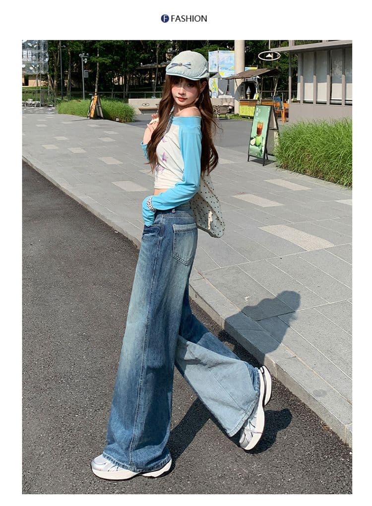 아메리칸 레트로 블루 청바지 여성 새로운 패션 와 성별 패치워크 패치워크 색상 디자인 센스 스트레이트 팬츠 상세 이미지 2