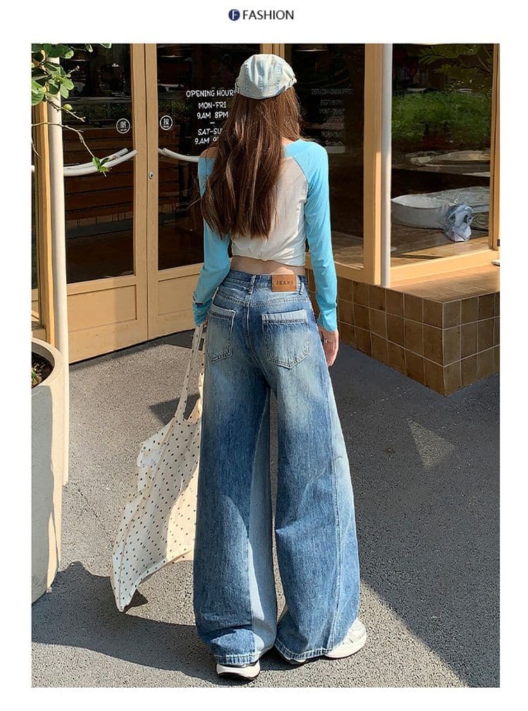 아메리칸 레트로 블루 청바지 여성 새로운 패션 와 성별 패치워크 패치워크 색상 디자인 센스 스트레이트 팬츠 상세 이미지 6