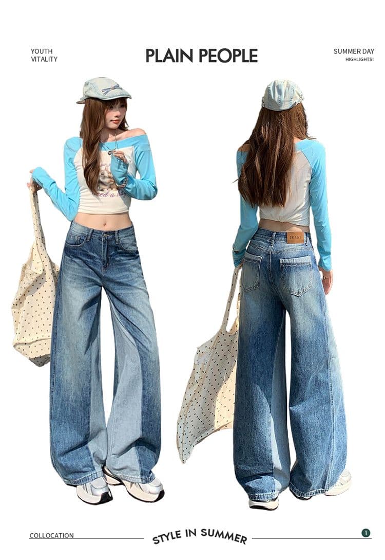 아메리칸 레트로 블루 청바지 여성 새로운 패션 와 성별 패치워크 패치워크 색상 디자인 센스 스트레이트 팬츠 상세 이미지 9
