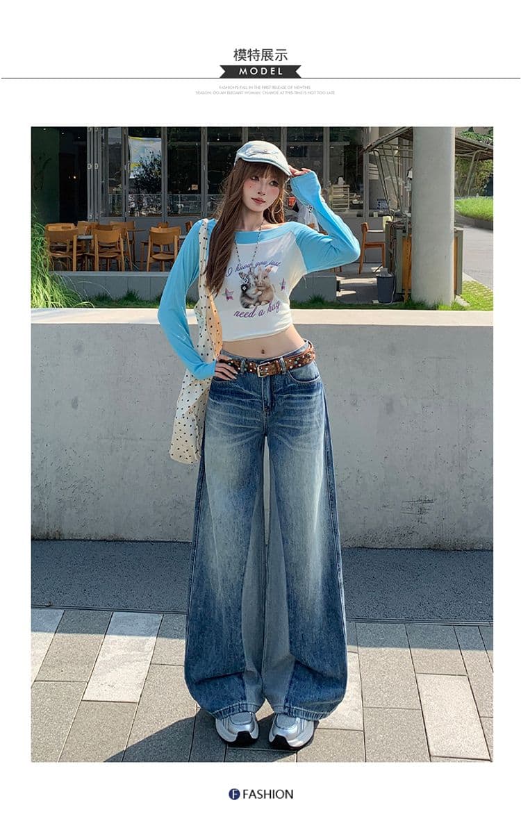아메리칸 레트로 블루 청바지 여성 새로운 패션 와 성별 패치워크 패치워크 색상 디자인 센스 스트레이트 팬츠 상세 이미지 12