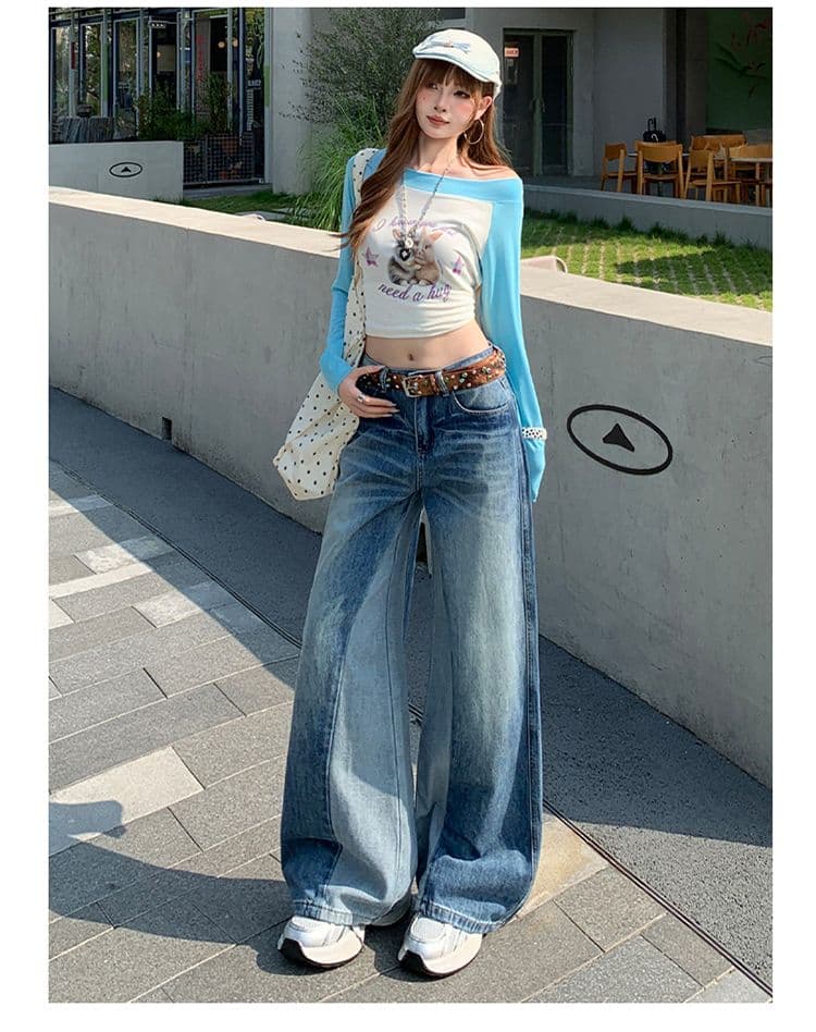 아메리칸 레트로 블루 청바지 여성 새로운 패션 와 성별 패치워크 패치워크 색상 디자인 센스 스트레이트 팬츠 상세 이미지 13