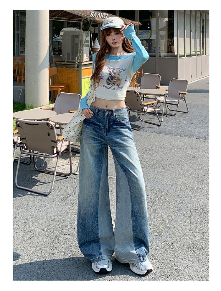 아메리칸 레트로 블루 청바지 여성 새로운 패션 와 성별 패치워크 패치워크 색상 디자인 센스 스트레이트 팬츠 상세 이미지 14