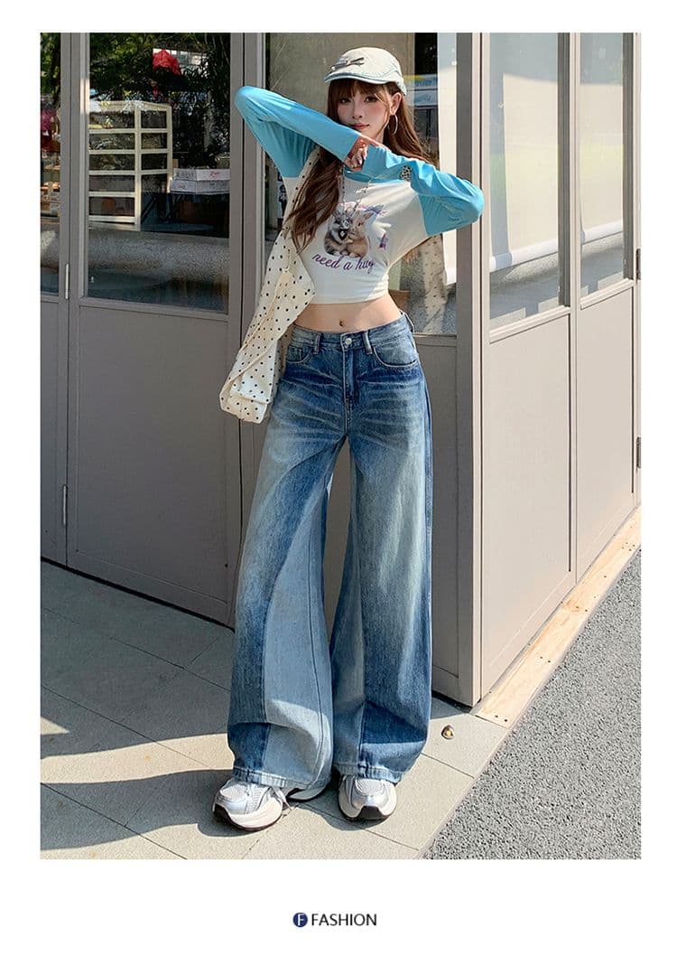 아메리칸 레트로 블루 청바지 여성 새로운 패션 와 성별 패치워크 패치워크 색상 디자인 센스 스트레이트 팬츠 상세 이미지 16