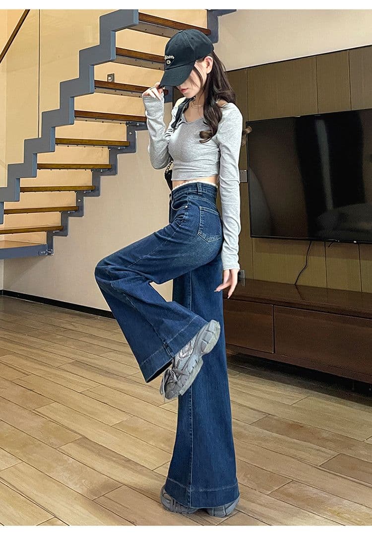 레이스 레이스 밝은색 대 넓은 다리 청바지 여성 봄 2026 새로운 하이웨이스트 루즈핏 도루 센스 바닥 청소 나팔 바지 상세 이미지 16