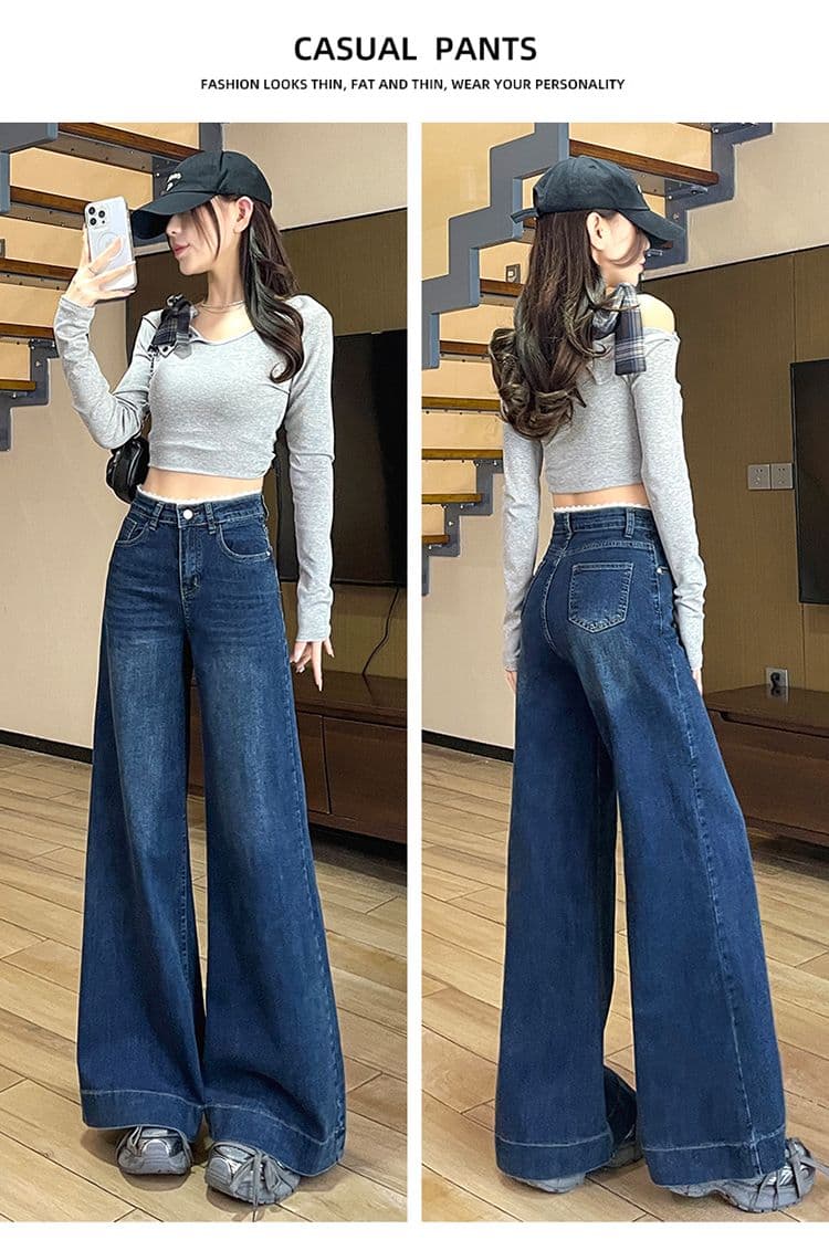 레이스 레이스 밝은색 대 넓은 다리 청바지 여성 봄 2026 새로운 하이웨이스트 루즈핏 도루 센스 바닥 청소 나팔 바지 상세 이미지 17