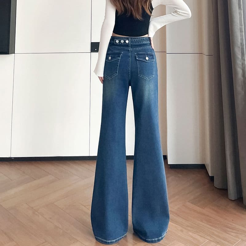 하이웨이스트 세 버클 부츠컷 청바지 여성 레트로 워싱 이후 가방 디자인 슬림해 보이는 도루 센스 바닥 청소 나팔 긴 바지 가을 이미지 4