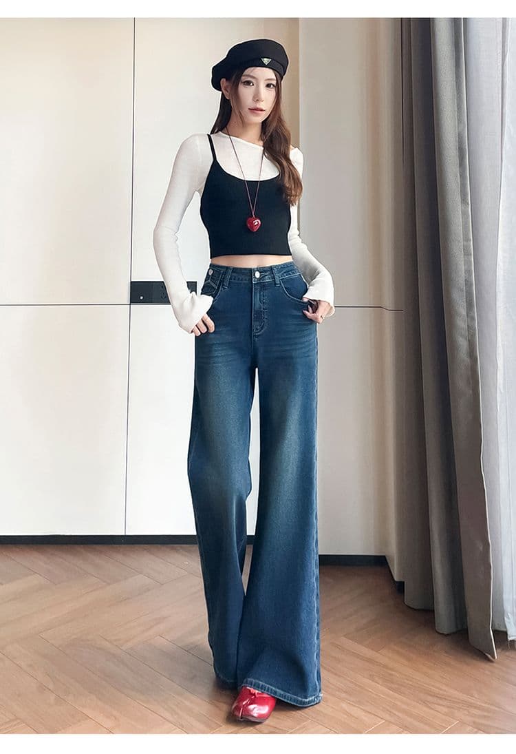 하이웨이스트 세 버클 부츠컷 청바지 여성 레트로 워싱 이후 가방 디자인 슬림해 보이는 도루 센스 바닥 청소 나팔 긴 바지 가을 상세 이미지 14