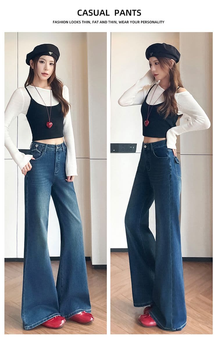 하이웨이스트 세 버클 부츠컷 청바지 여성 레트로 워싱 이후 가방 디자인 슬림해 보이는 도루 센스 바닥 청소 나팔 긴 바지 가을 상세 이미지 15