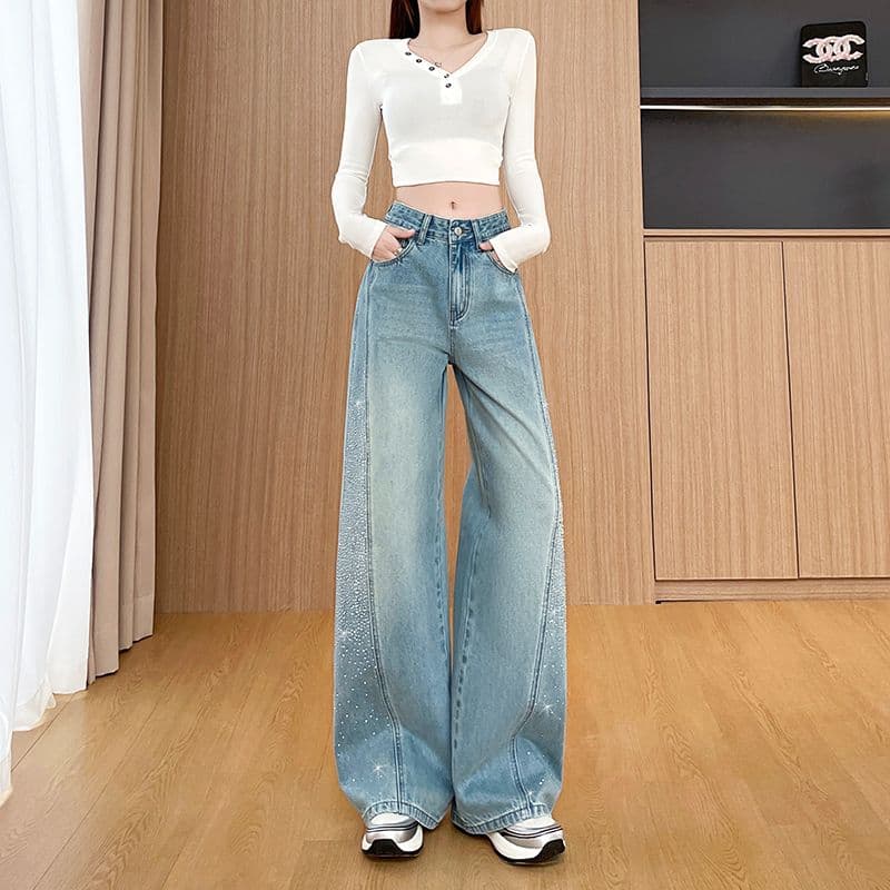 아메리칸 레트로 트렌드 새로운 패션 캐주얼 루즈핏 스트레이트 핫픽스 Gypsophila 넓은 다리 청바지 여성
