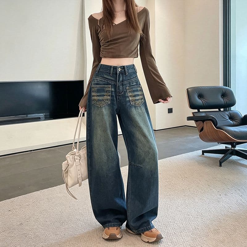 레트로 노스탤지어 트렌드 새로운 개성 패션 루즈핏 캐주얼 넓은 다리 가시 자수 청바지 여성
