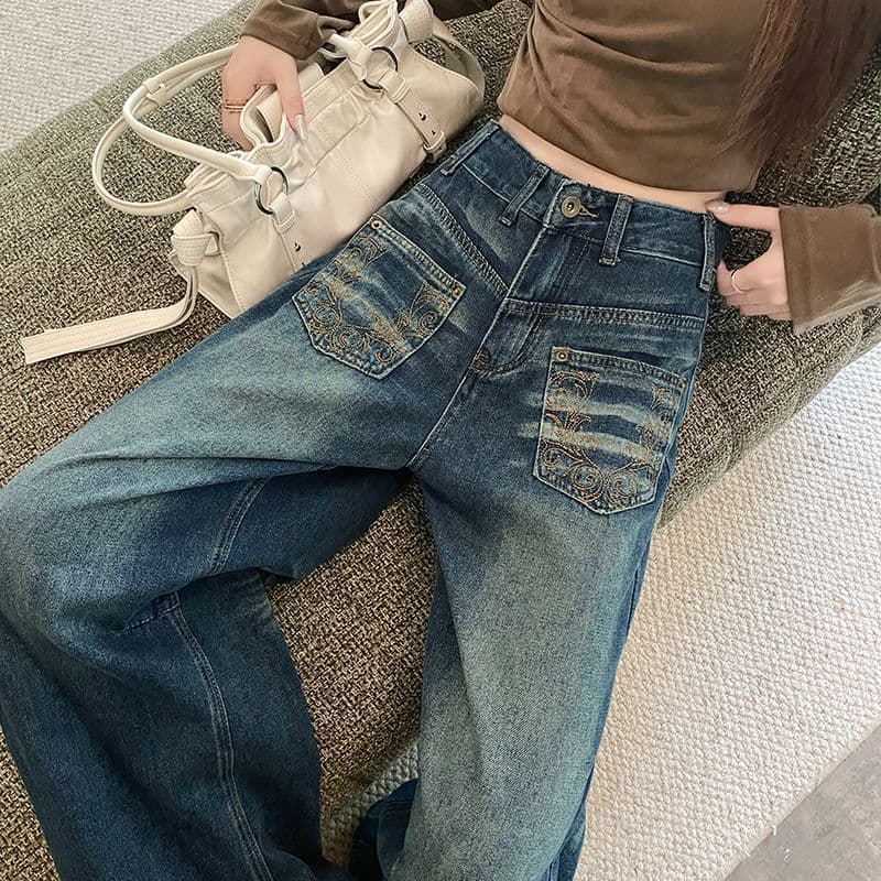 레트로 노스탤지어 트렌드 새로운 개성 패션 루즈핏 캐주얼 넓은 다리 가시 자수 청바지 여성 이미지 4
