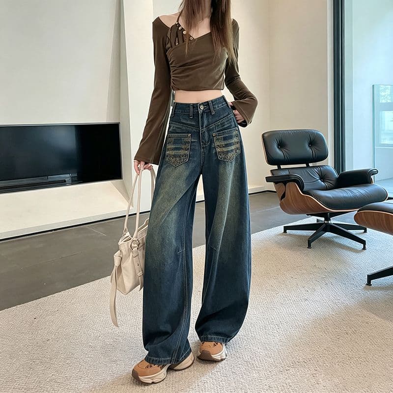 레트로 노스탤지어 트렌드 새로운 개성 패션 루즈핏 캐주얼 넓은 다리 가시 자수 청바지 여성 이미지 2