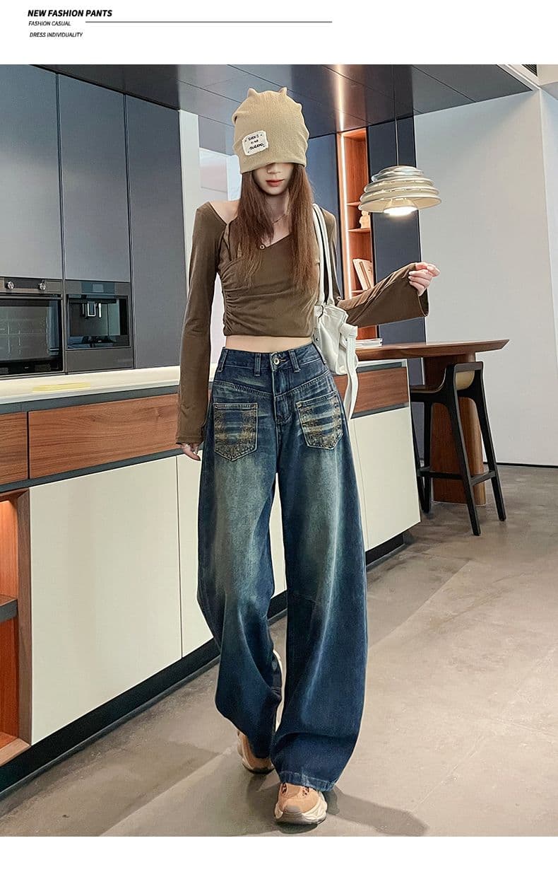 레트로 노스탤지어 트렌드 새로운 개성 패션 루즈핏 캐주얼 넓은 다리 가시 자수 청바지 여성 상세 이미지 10