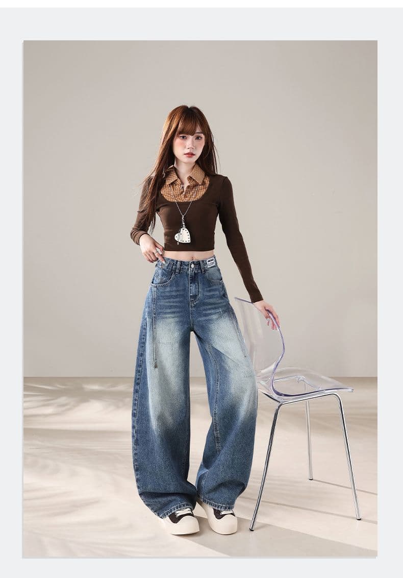 아메리칸 레트로 파란색 넓은 다리 청바지 루즈핏 슬림해 보이는 도루 센스 모통이 칼 바지 여성 상세 이미지 6