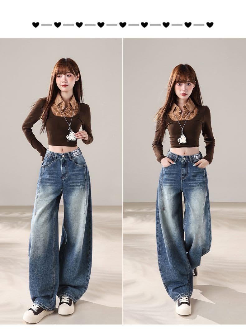 아메리칸 레트로 파란색 넓은 다리 청바지 루즈핏 슬림해 보이는 도루 센스 모통이 칼 바지 여성 상세 이미지 4