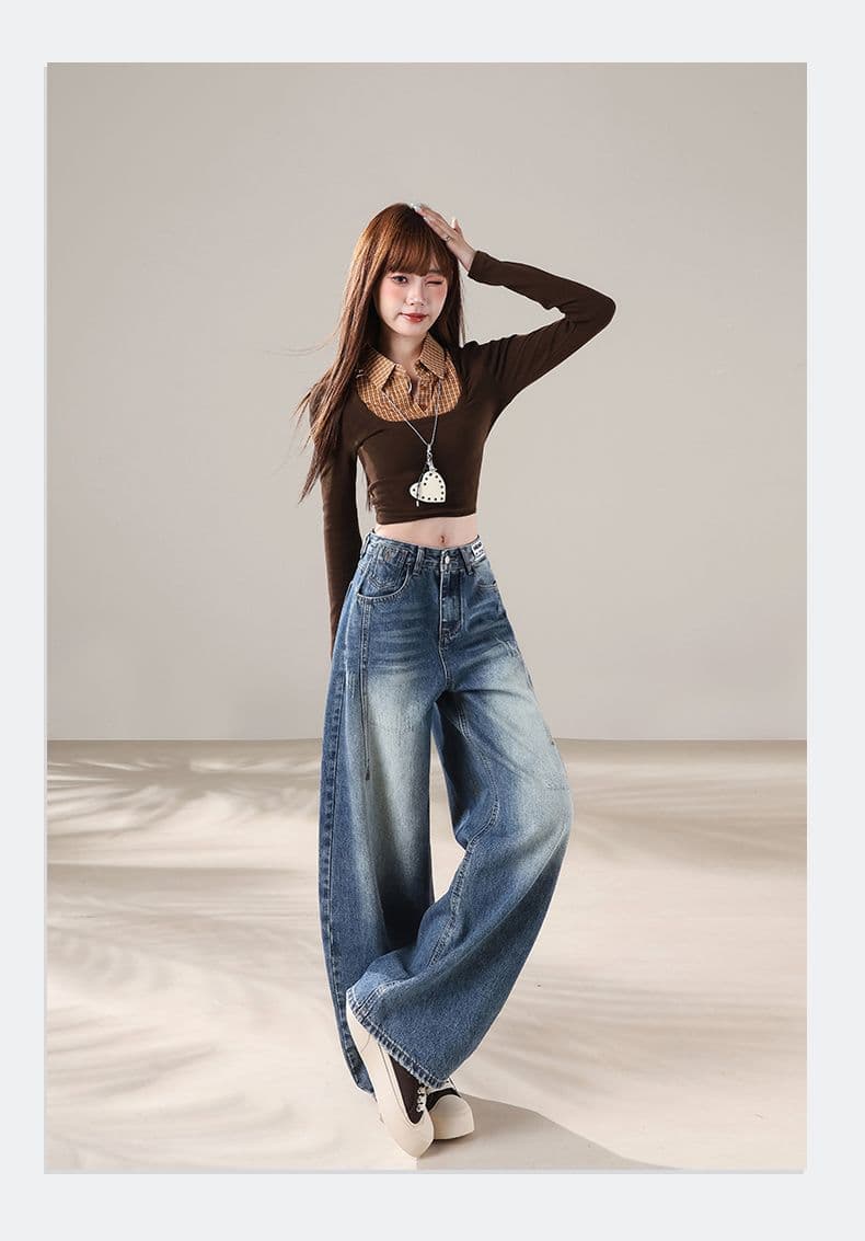 아메리칸 레트로 파란색 넓은 다리 청바지 루즈핏 슬림해 보이는 도루 센스 모통이 칼 바지 여성 상세 이미지 2