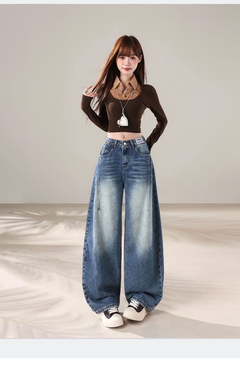 아메리칸 레트로 파란색 넓은 다리 청바지 루즈핏 슬림해 보이는 도루 센스 모통이 칼 바지 여성 상세 이미지 3